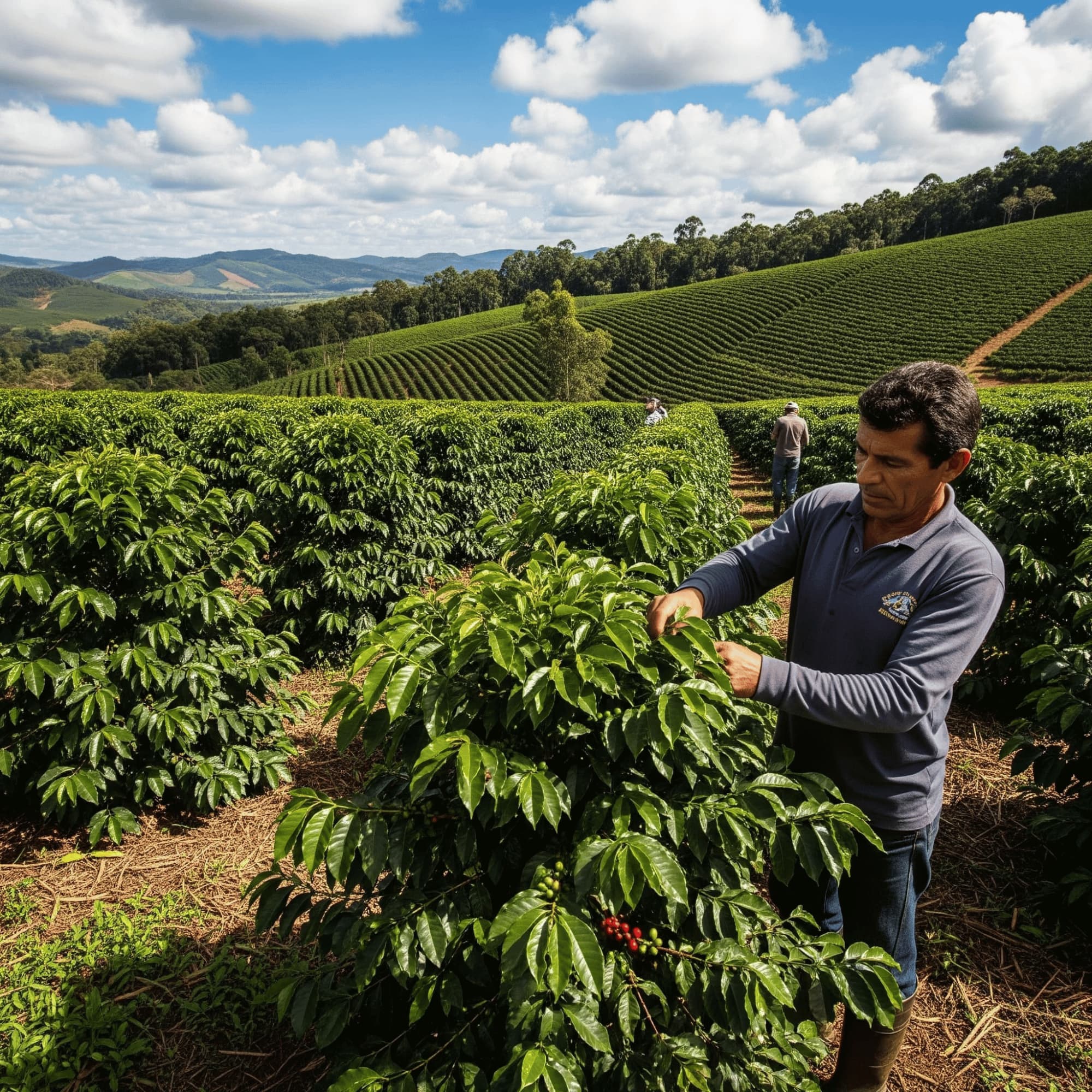 Brazilian coffee farmer inspecting coffee plants in a coffee plantation with a scenic background