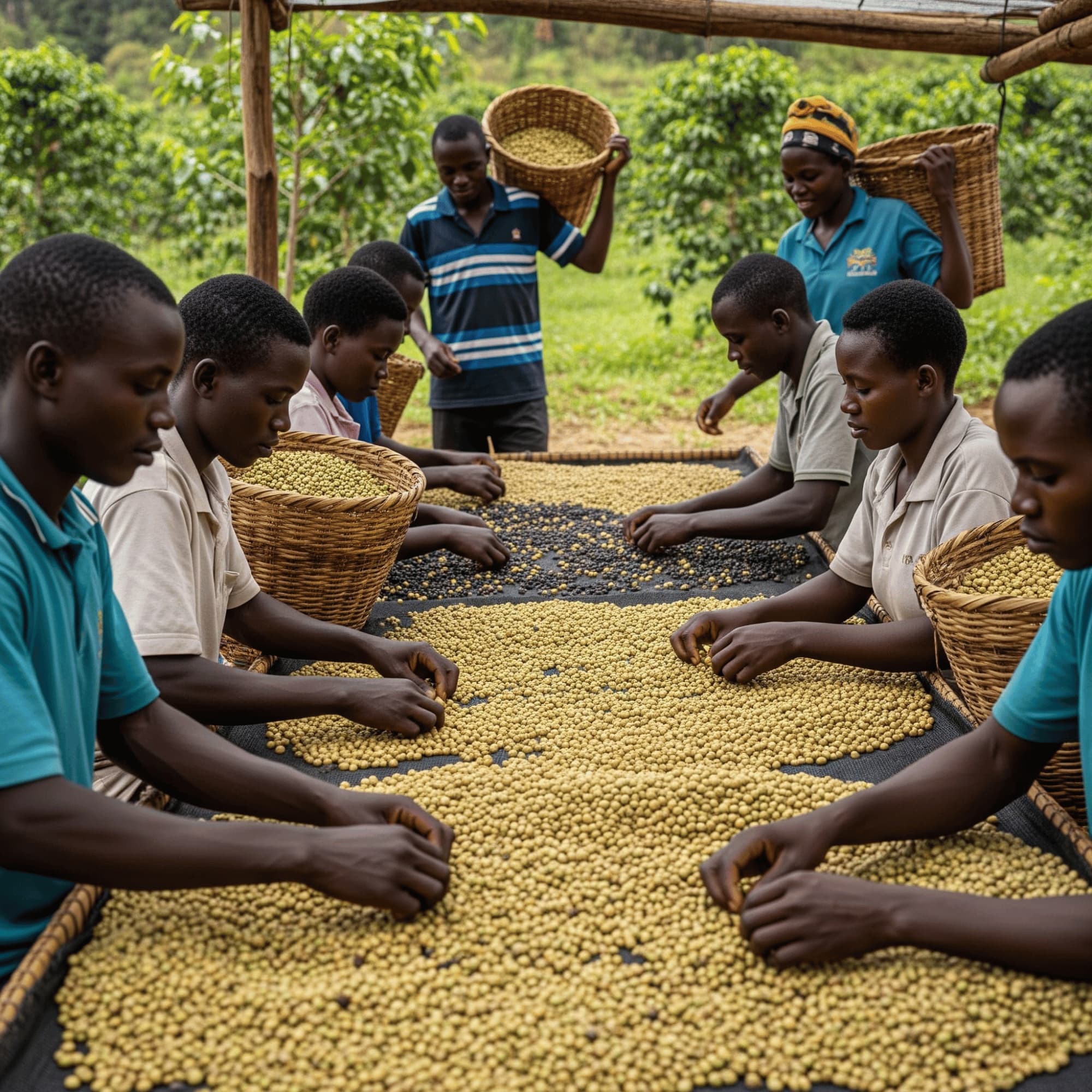 Group of people sorting coffee beans outdoors in Burundi