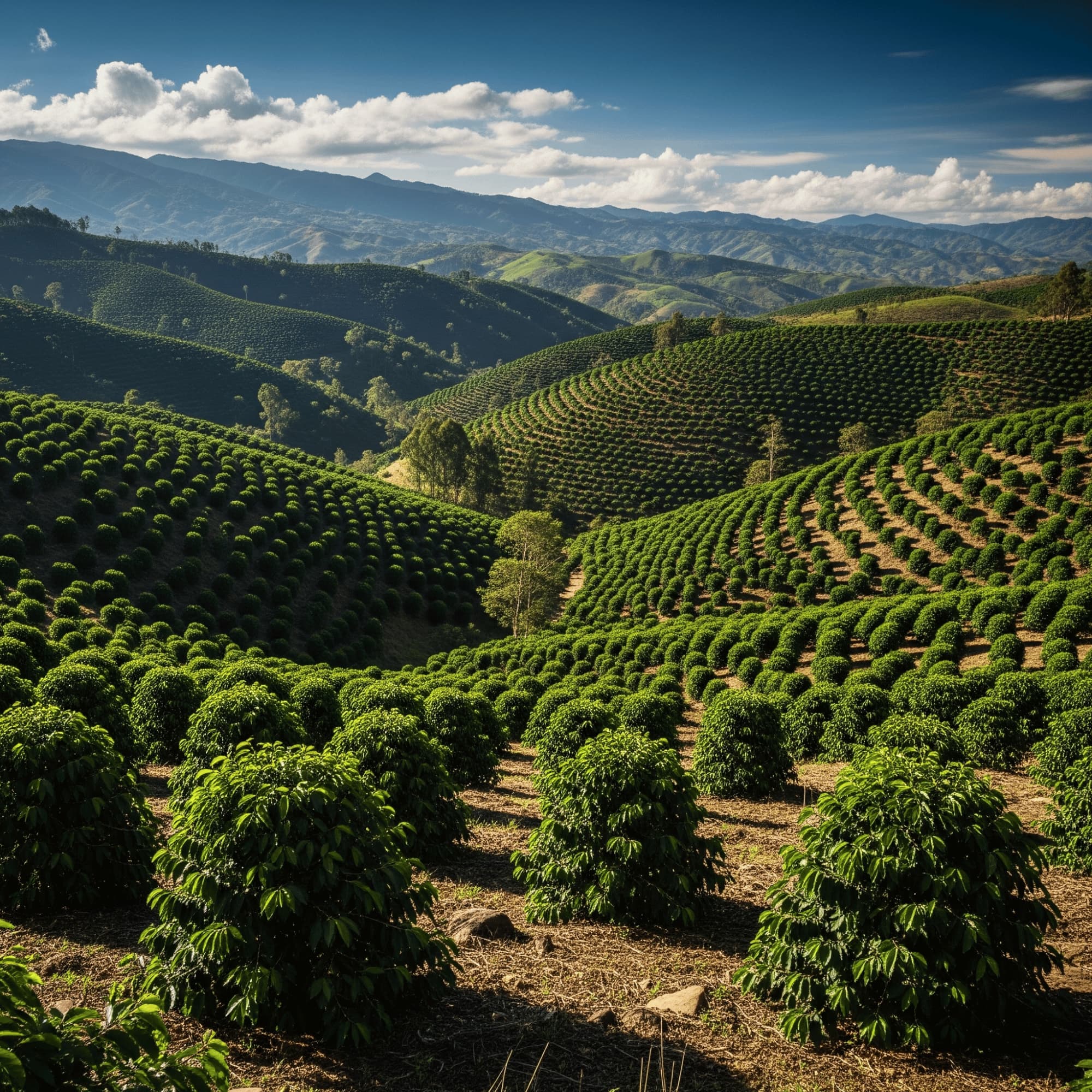 Hillsides with rows of trees under a blue sky with clouds in Colombia