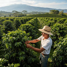 Farmer inspecting coffee beans on a Costa Rica coffee plantation with mountains in the background