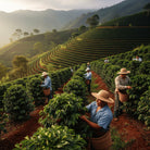 Farmers harvesting coffee beans in a scenic El Salvador coffee plantation with rolling hills.