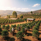Farmers working in a coffee plantation in Harrar, Ethiopia with mountains in the background
