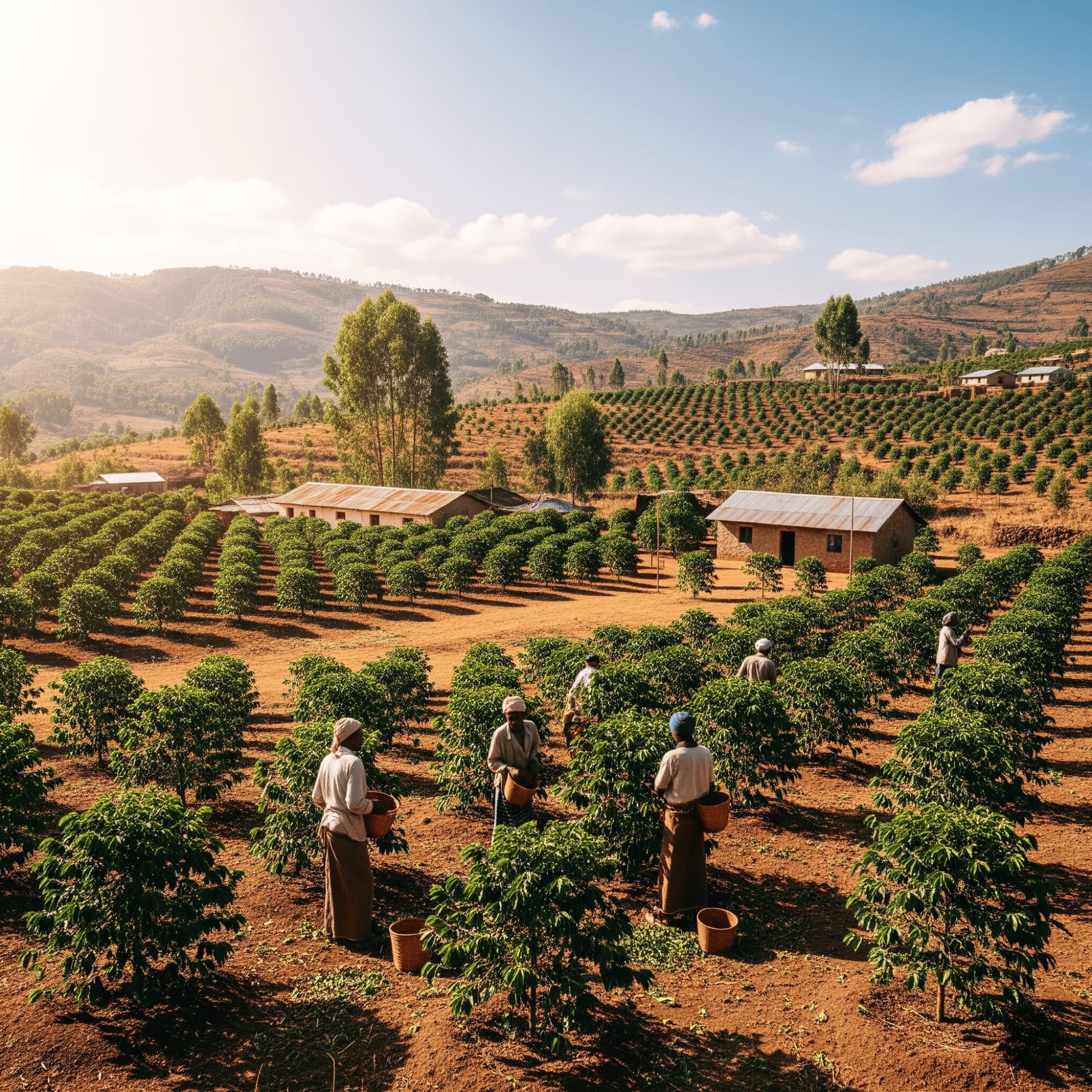 Farmers working in a coffee plantation in Harrar, Ethiopia with mountains in the background