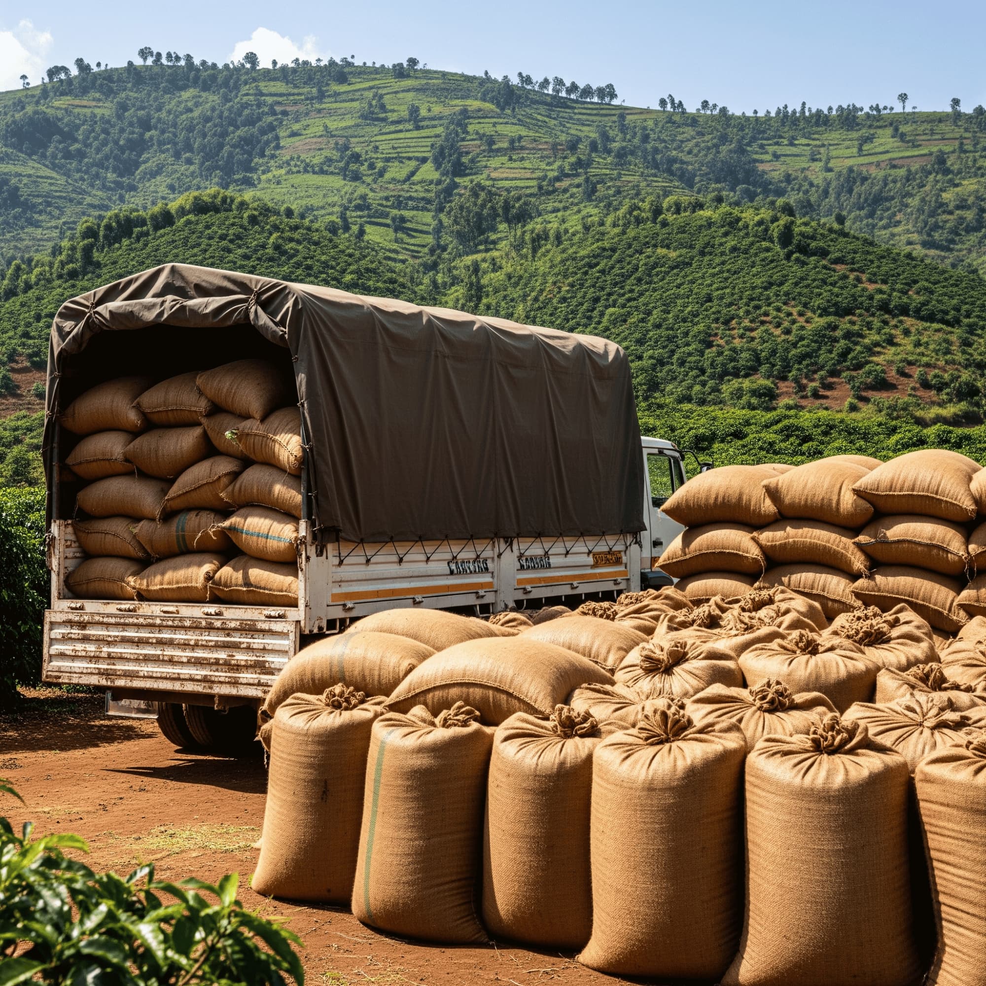 Truck loaded with sacks on a dirt road at Ethiopia Sidamo with green hills in the background