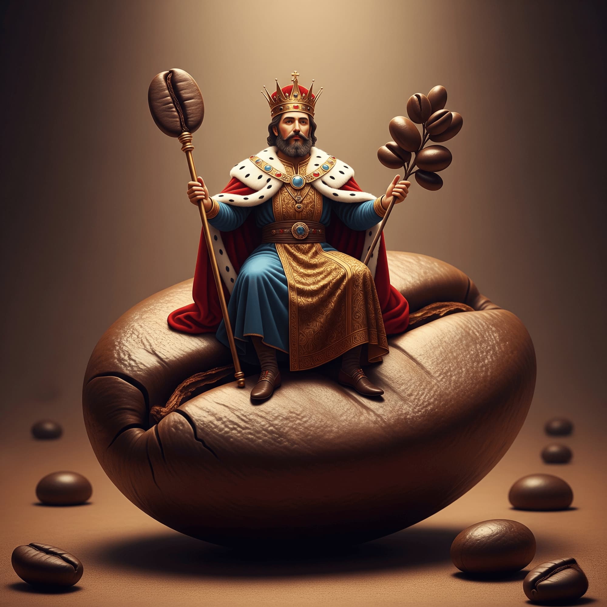Figure of a king in royal attire sitting on a coffee bean with coffee beans around