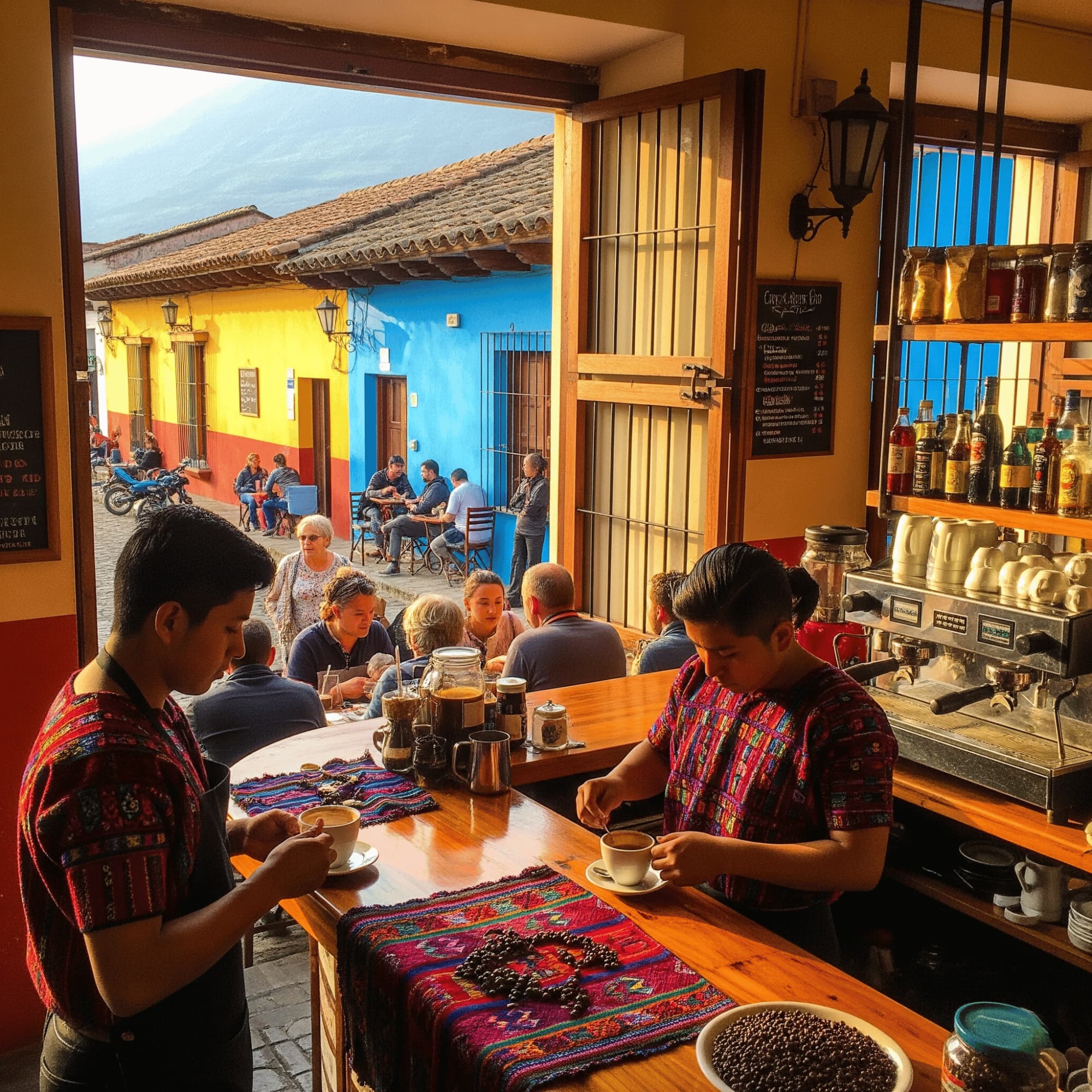 People enjoying coffee at a colorful Guatemala cafe with a view of a street.