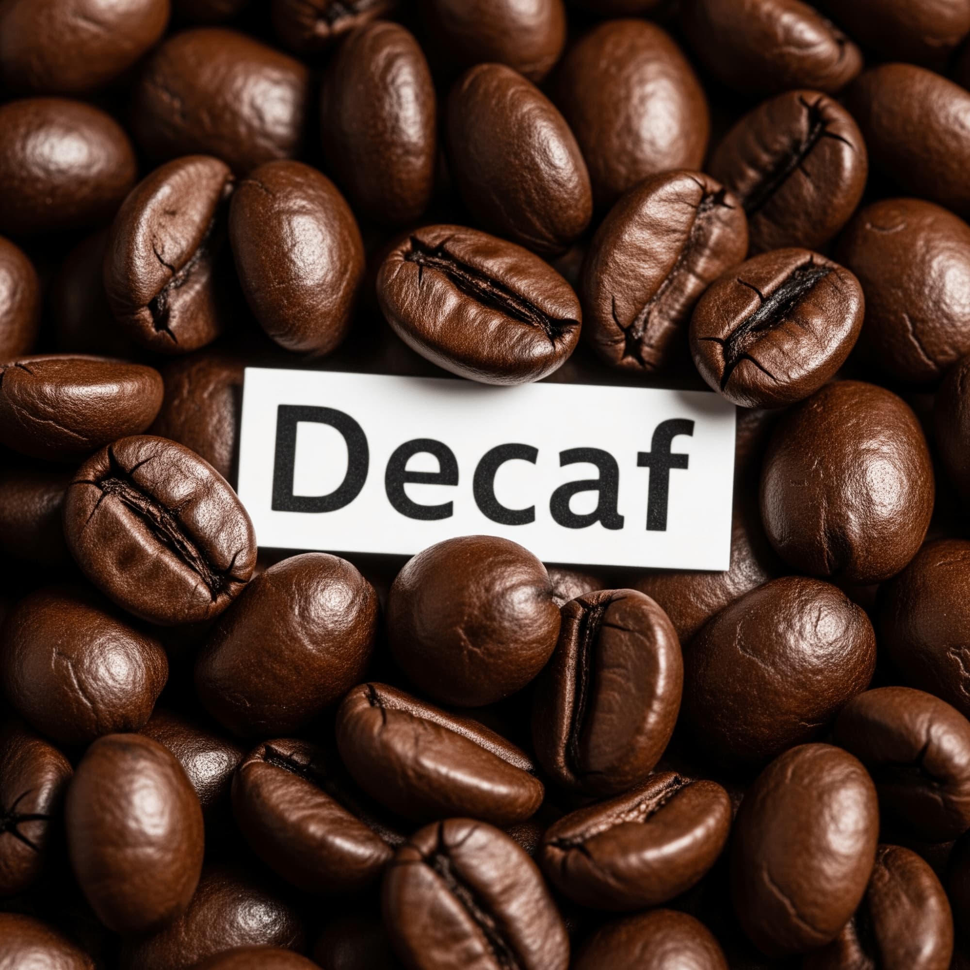 Decaf label surrounded by coffee beans