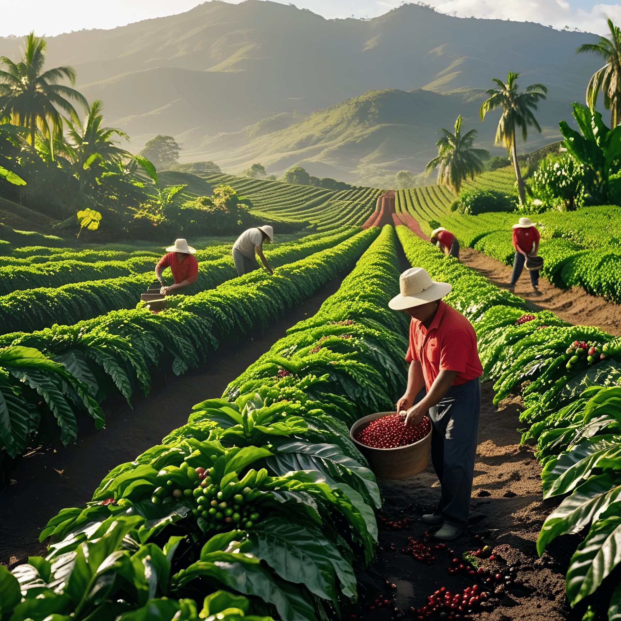 Panama farmers harvesting coffee beans in a lush green coffee plantation with mountains in the background.