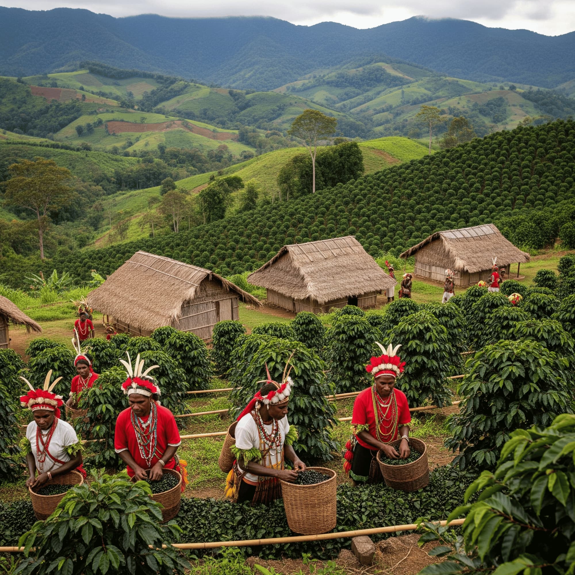 People in traditional attire working in a Papua New Guinea coffee plantation with huts and mountains in the background.