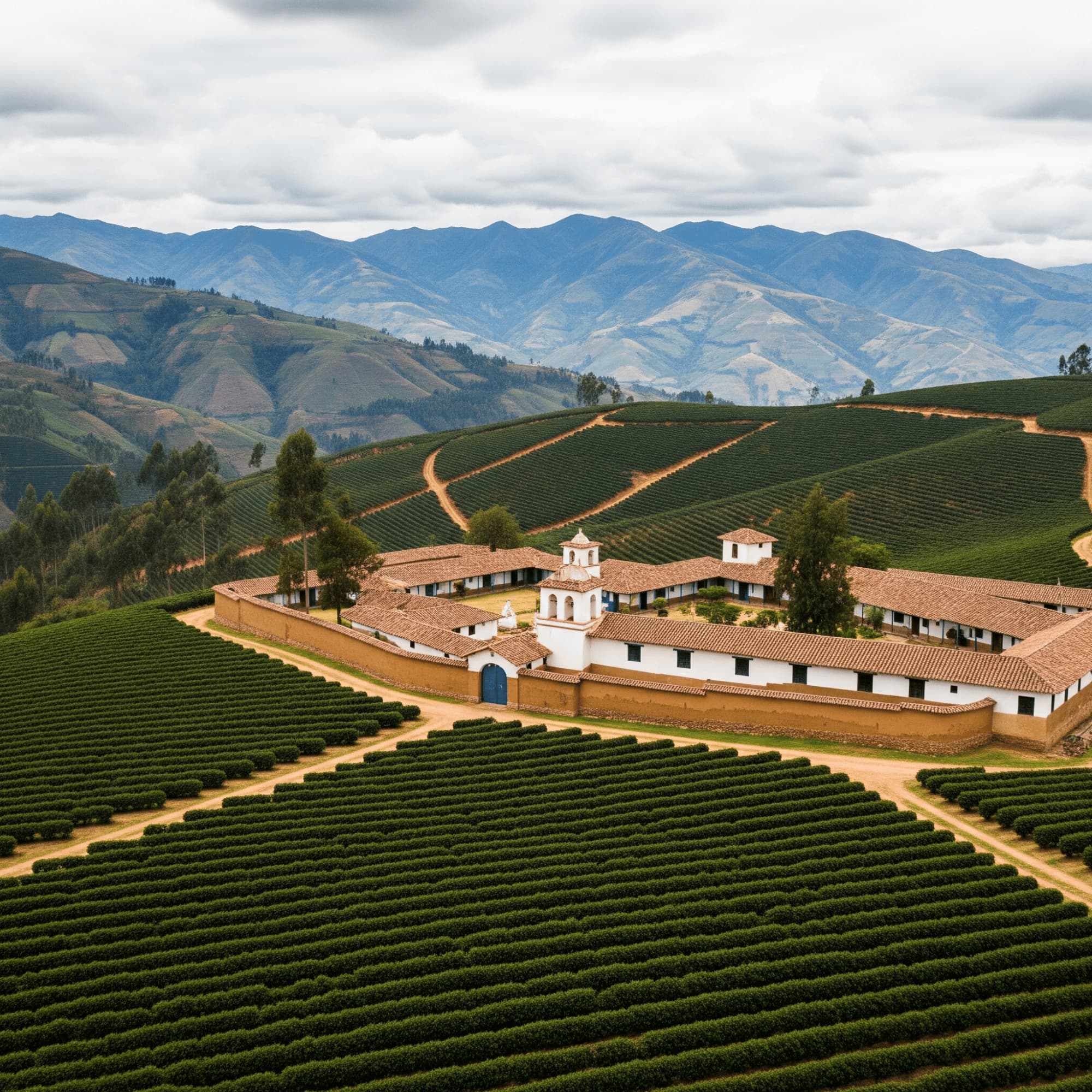 Traditional building in Peru surrounded by green fields with mountains in the background