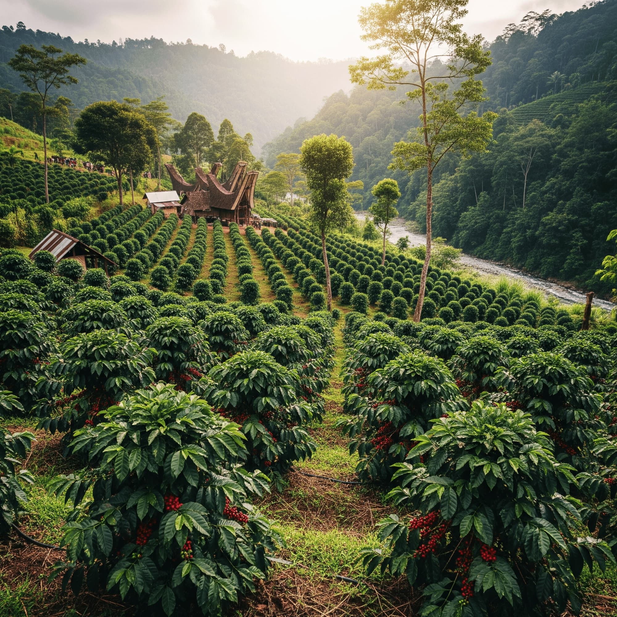 Sumatra coffee plantation with a traditional wooden structure in the background