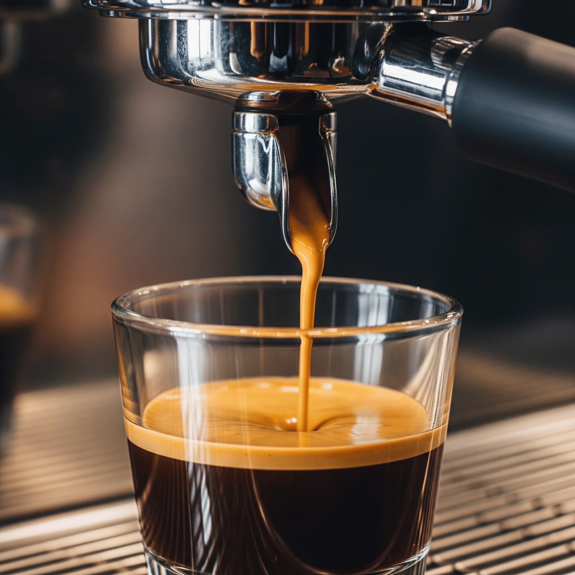 Espresso being poured from a machine into a glass uaing JustFreshRoasted Supa Crema blend.
