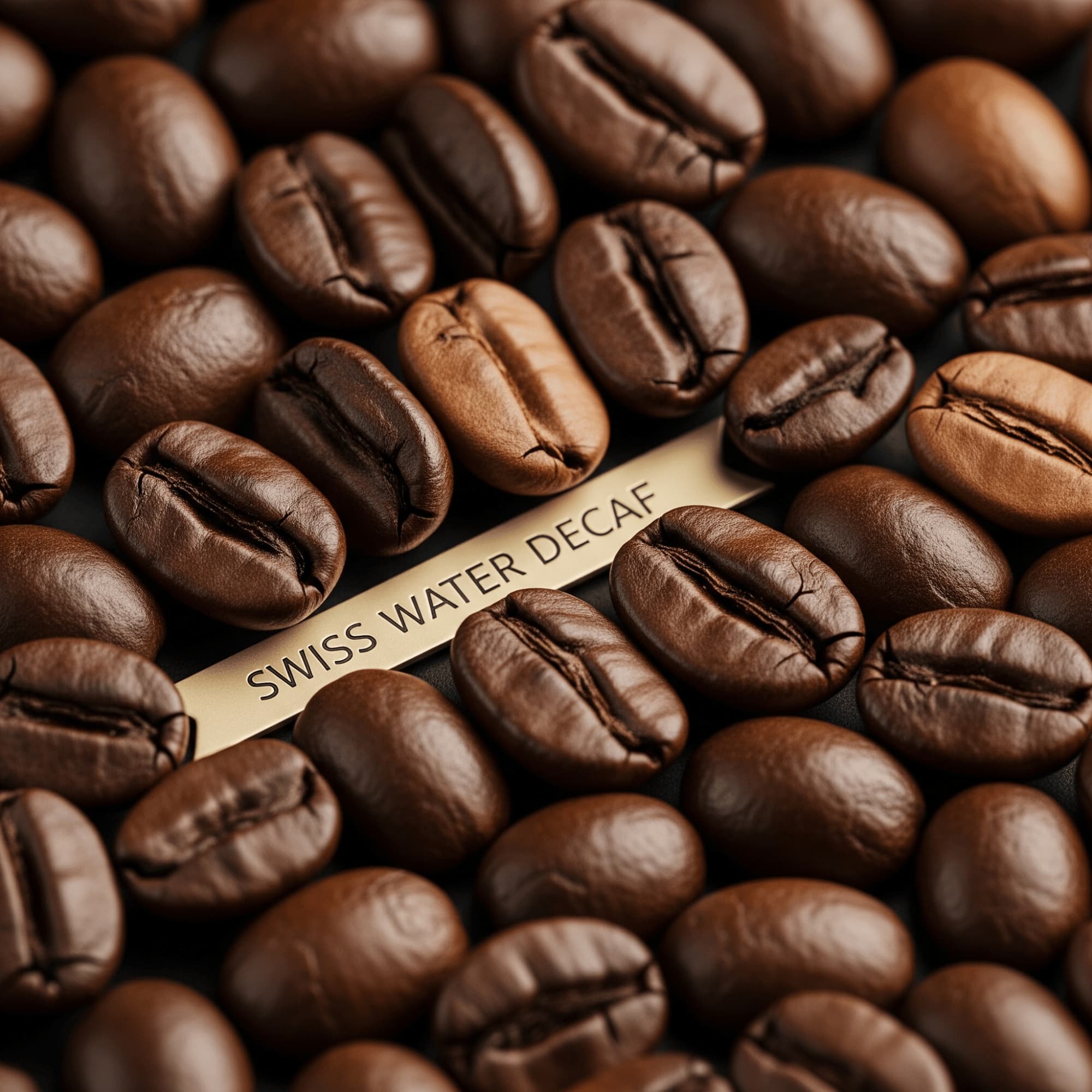 JustFreshRoasted Swiss Water Decaf among coffee beans