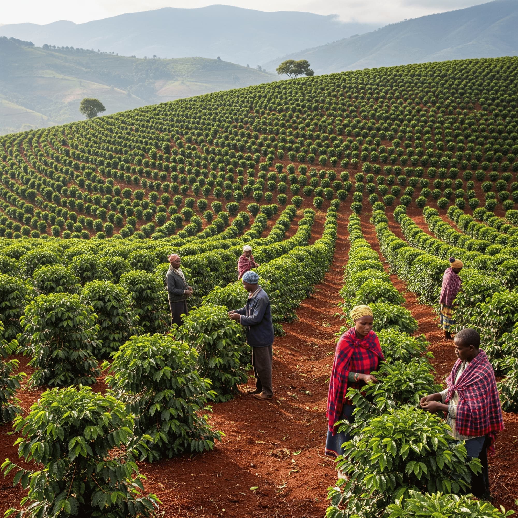 Tanzania farmers tending to coffee plants in a large field with mountains in the background