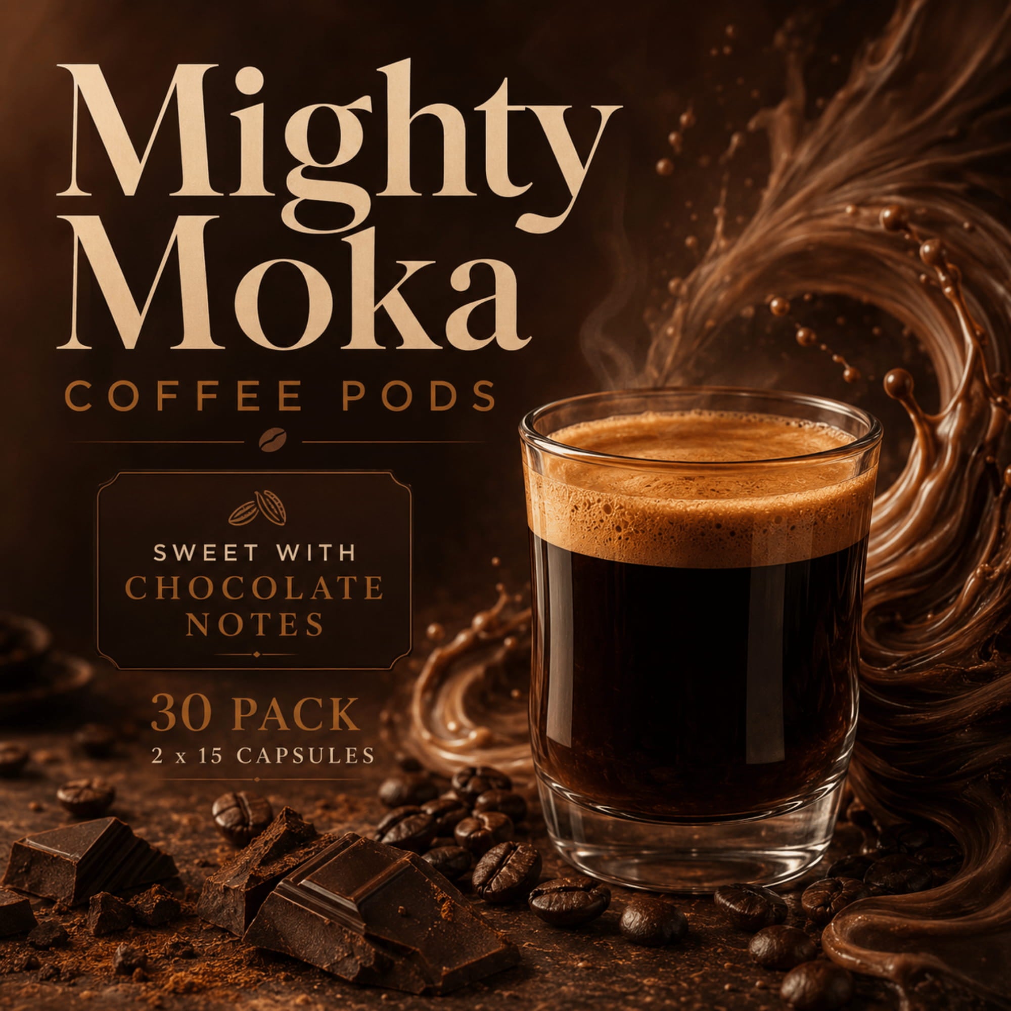 Mighty Moka Coffee Pods 30-pack advertisement featuring a steaming glass of espresso with chocolate crema, surrounded by coffee beans, chocolate chunks, and rich chocolate splashes on a dark brown background.