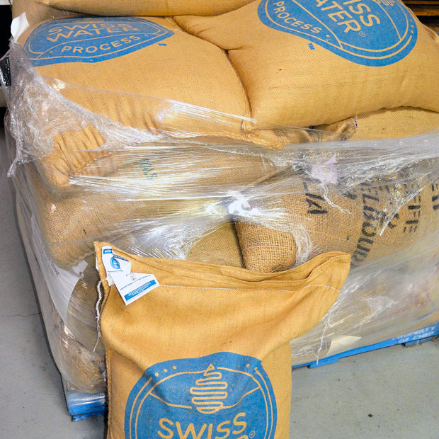 raw coffee bags of Swiss Water Decaf