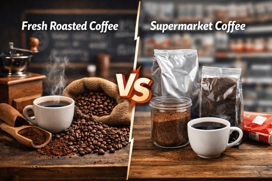 fresh roasted coffee beans compared with supermarket coffee