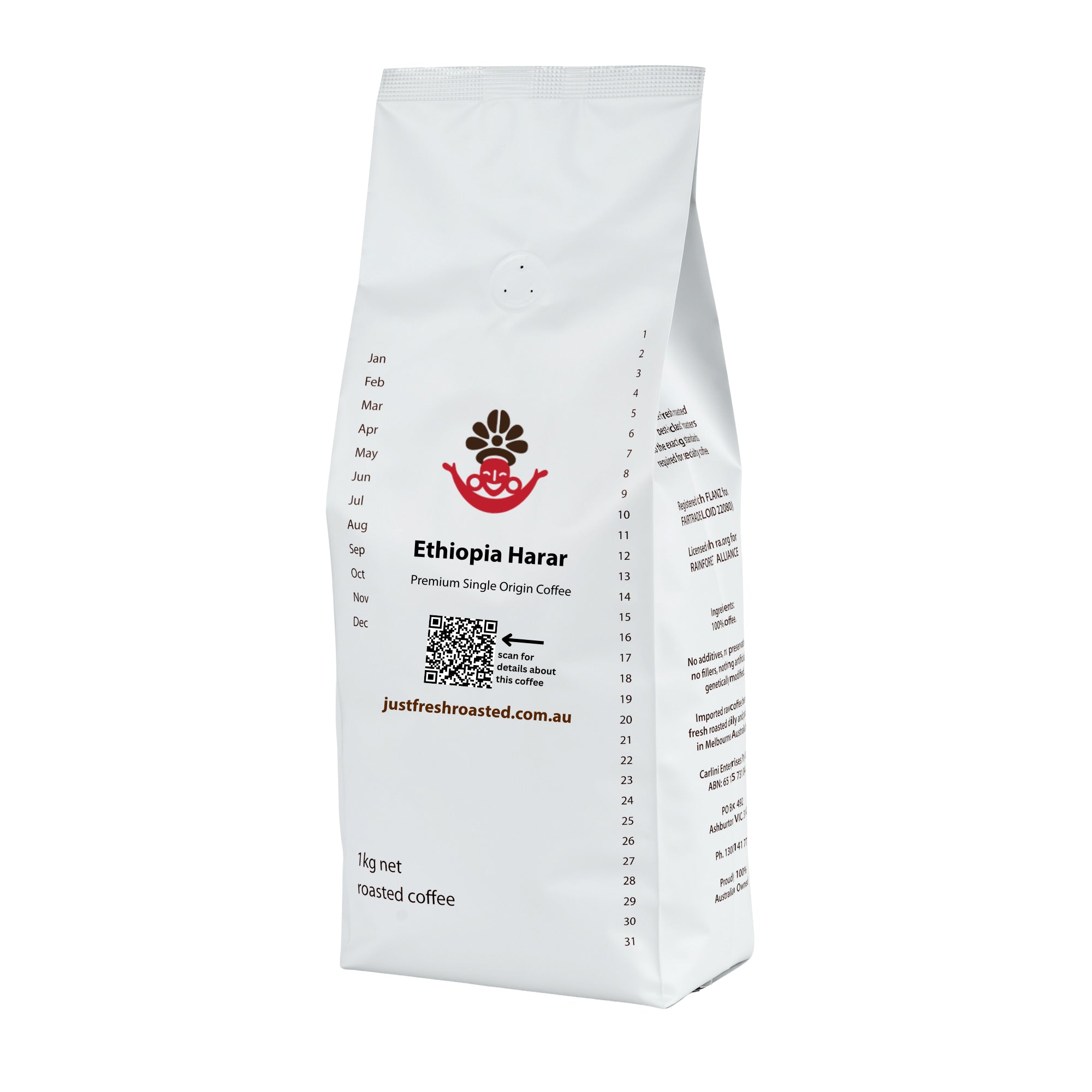 1kg pack of JustFreshRoasted Ethiopia Harar coffee