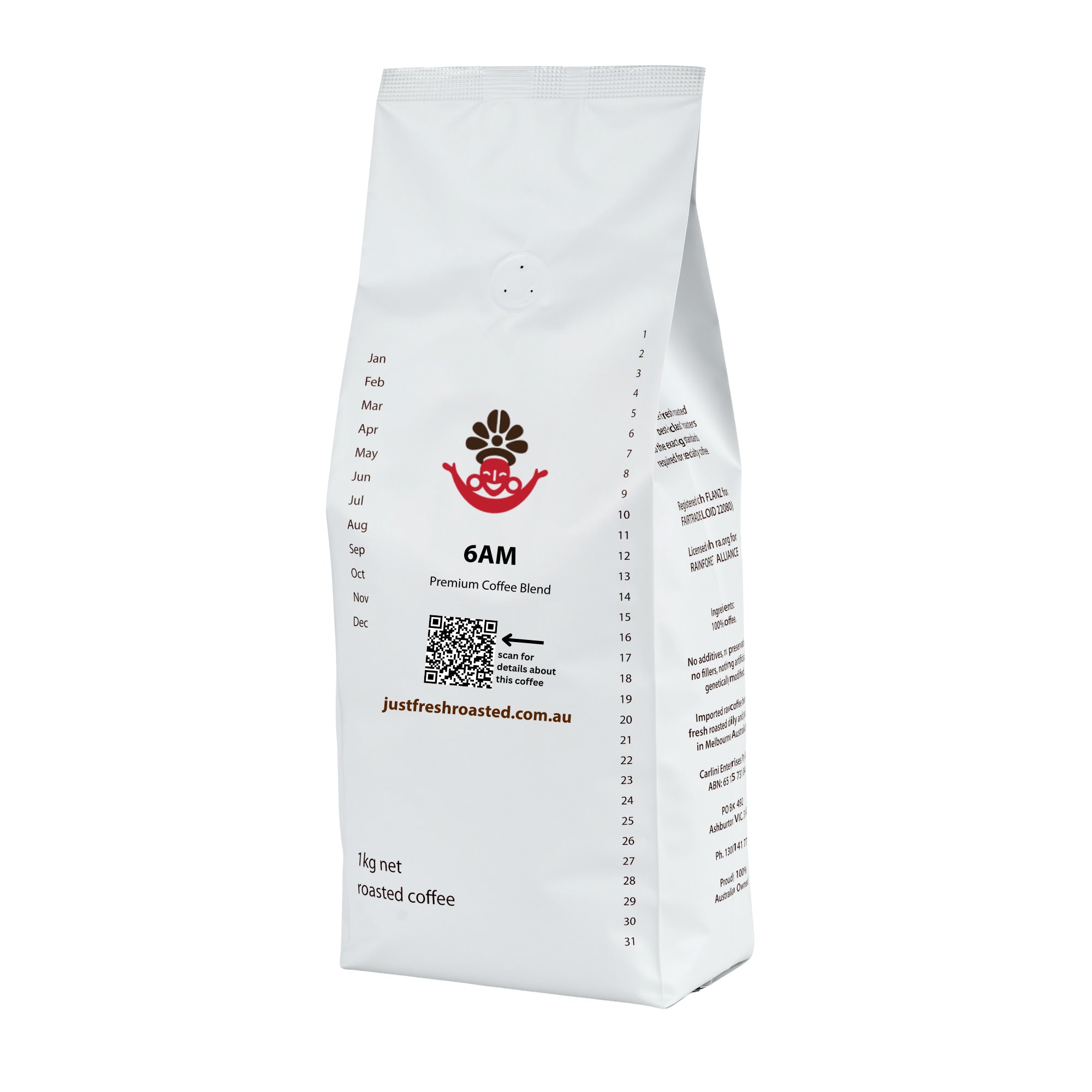 Our 6AM blend in 1kg pack size of fresh roasted coffee