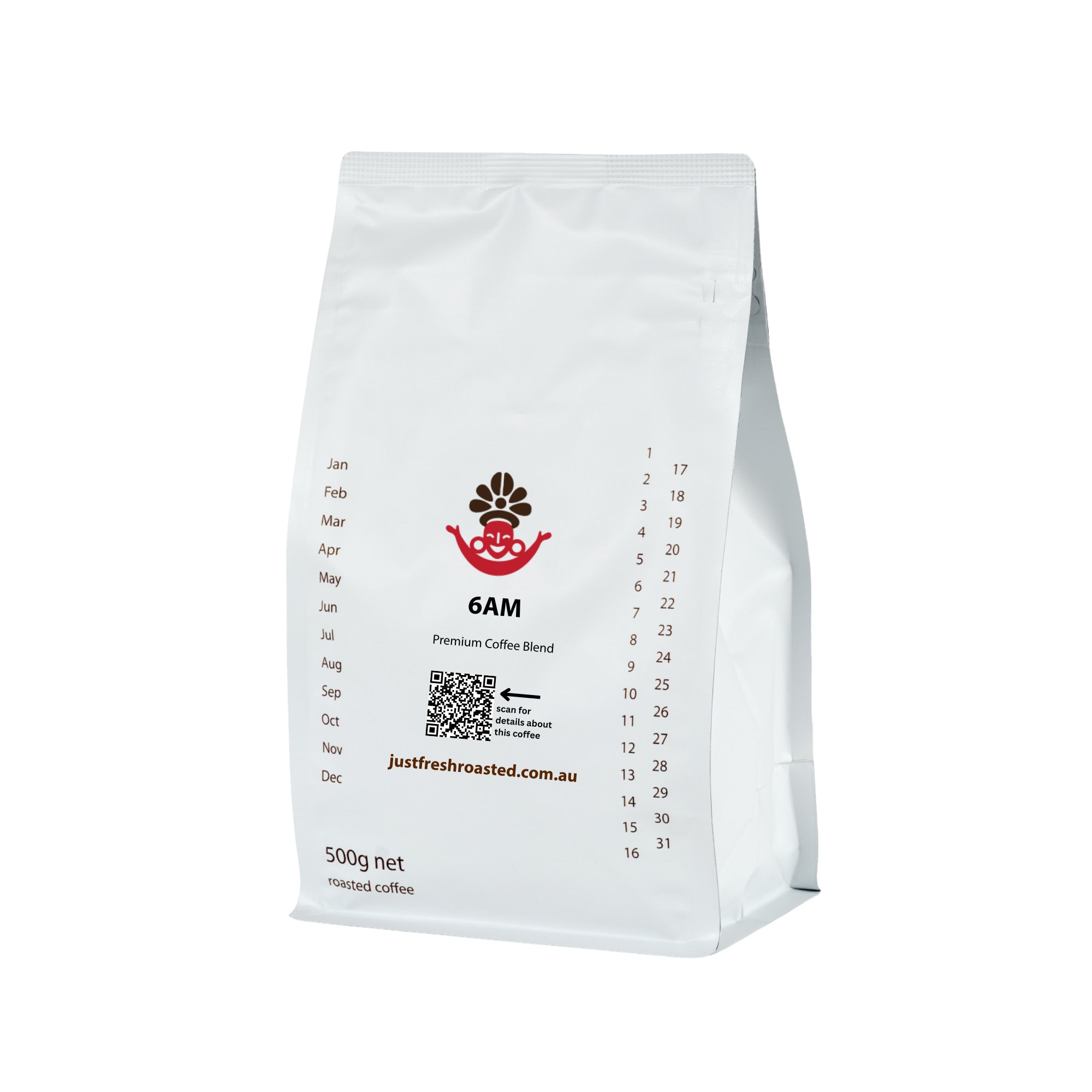 Our 6AM blend in 500g pack size of fresh roasted coffee