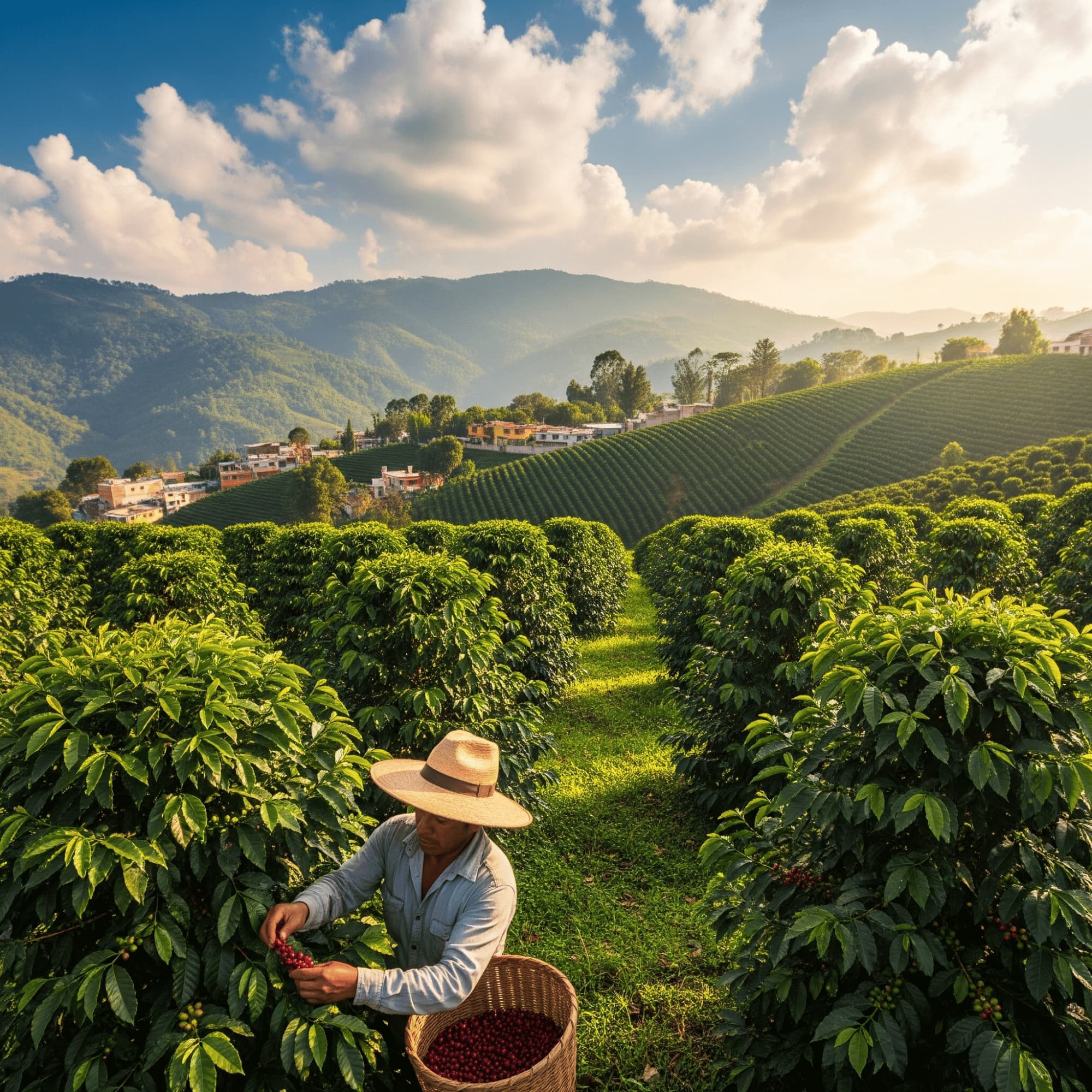 Mexico farmer harvesting coffee beans in a lush green coffee plantation with mountains in the background.