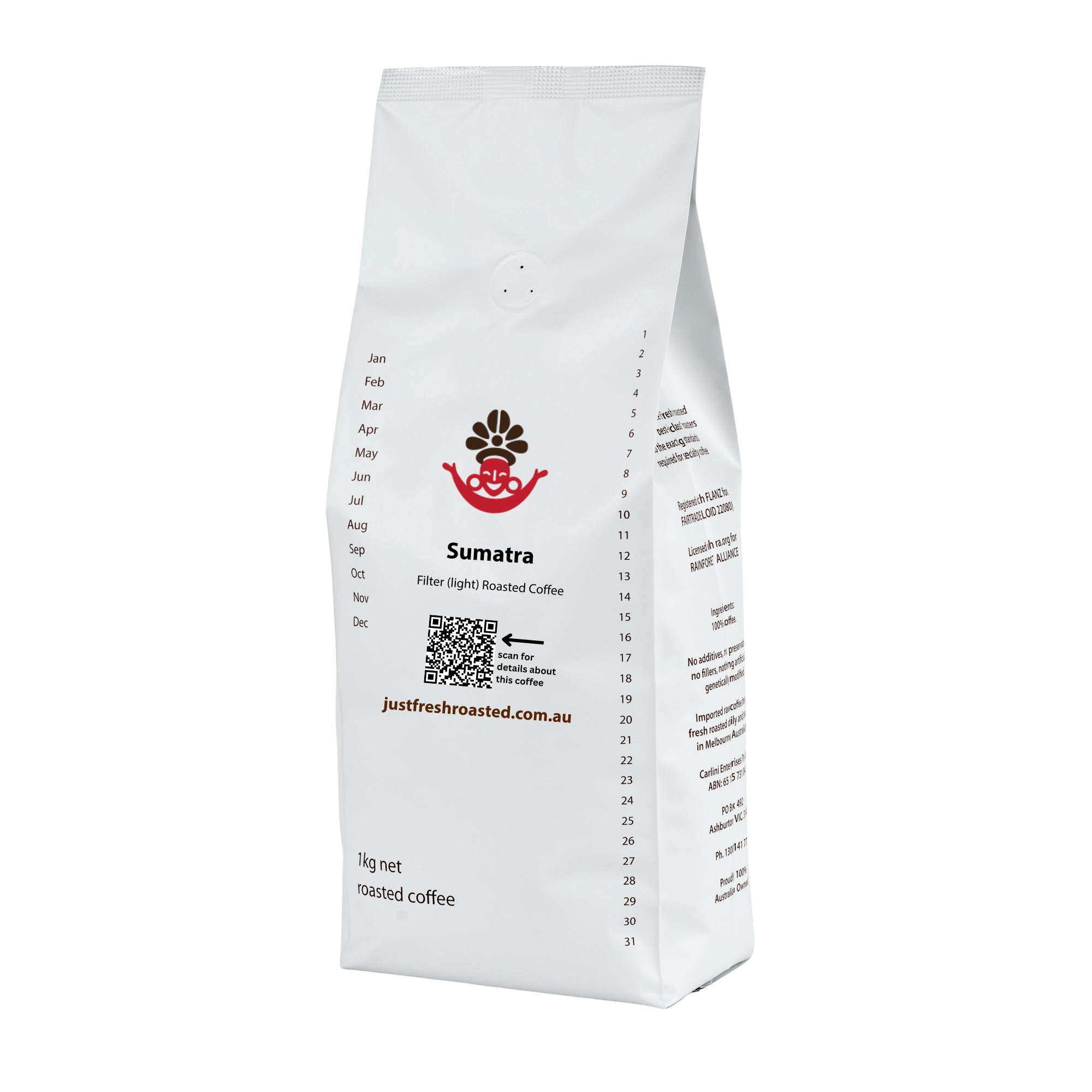 JustFreshRoasted Sumatra Filter Roast Coffee 1kg pack