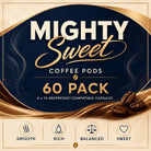 Mighty Sweet Coffee Pods 60 Pack box design featuring a dark navy blue and gold color scheme with coffee bean illustrations and four feature icons for smooth, rich, balanced, and sweet taste.