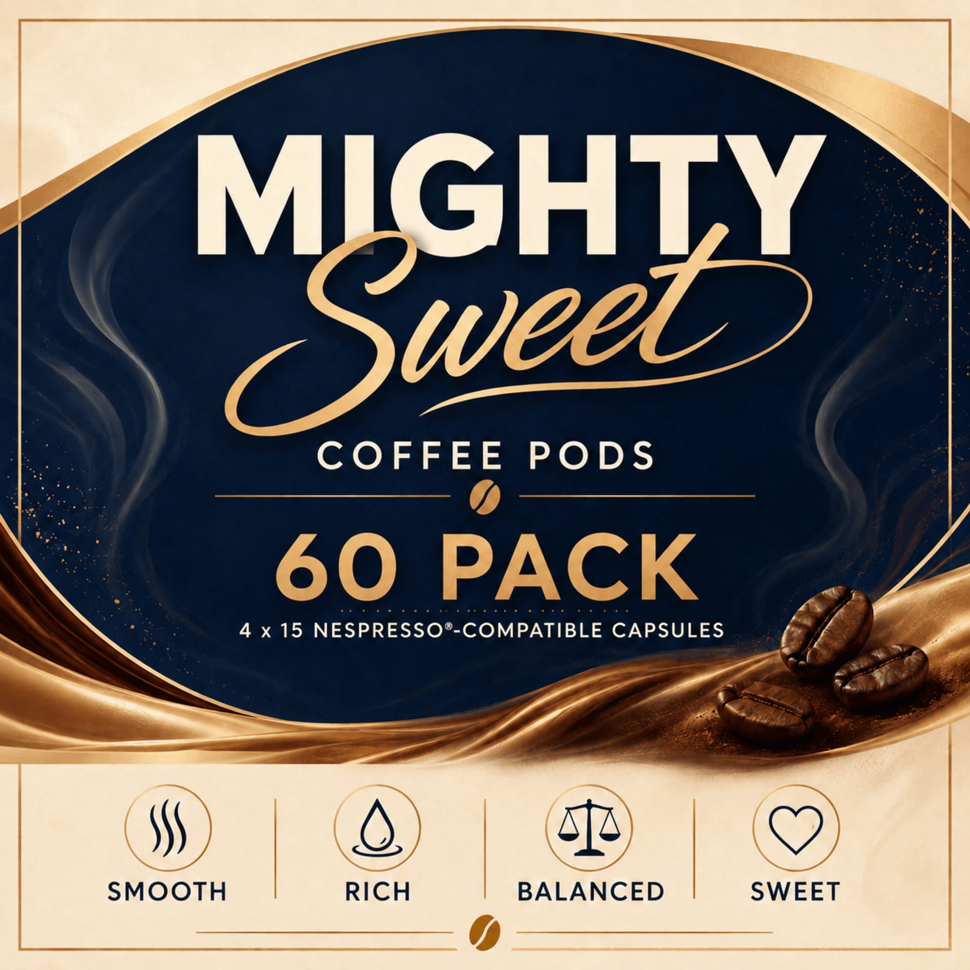 Mighty Sweet Coffee Pods 60 Pack box design featuring a dark navy blue and gold color scheme with coffee bean illustrations and four feature icons for smooth, rich, balanced, and sweet taste.