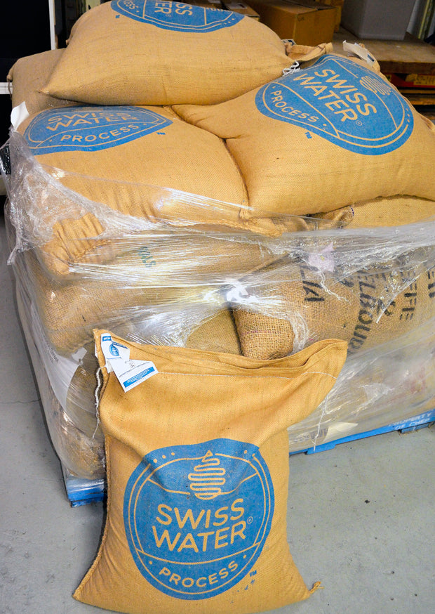 raw coffee bags of Swiss Water Decaf