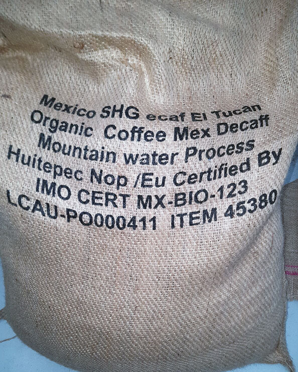 Bag of certified 100% Organic premium quality arabica Mexican Decaf 