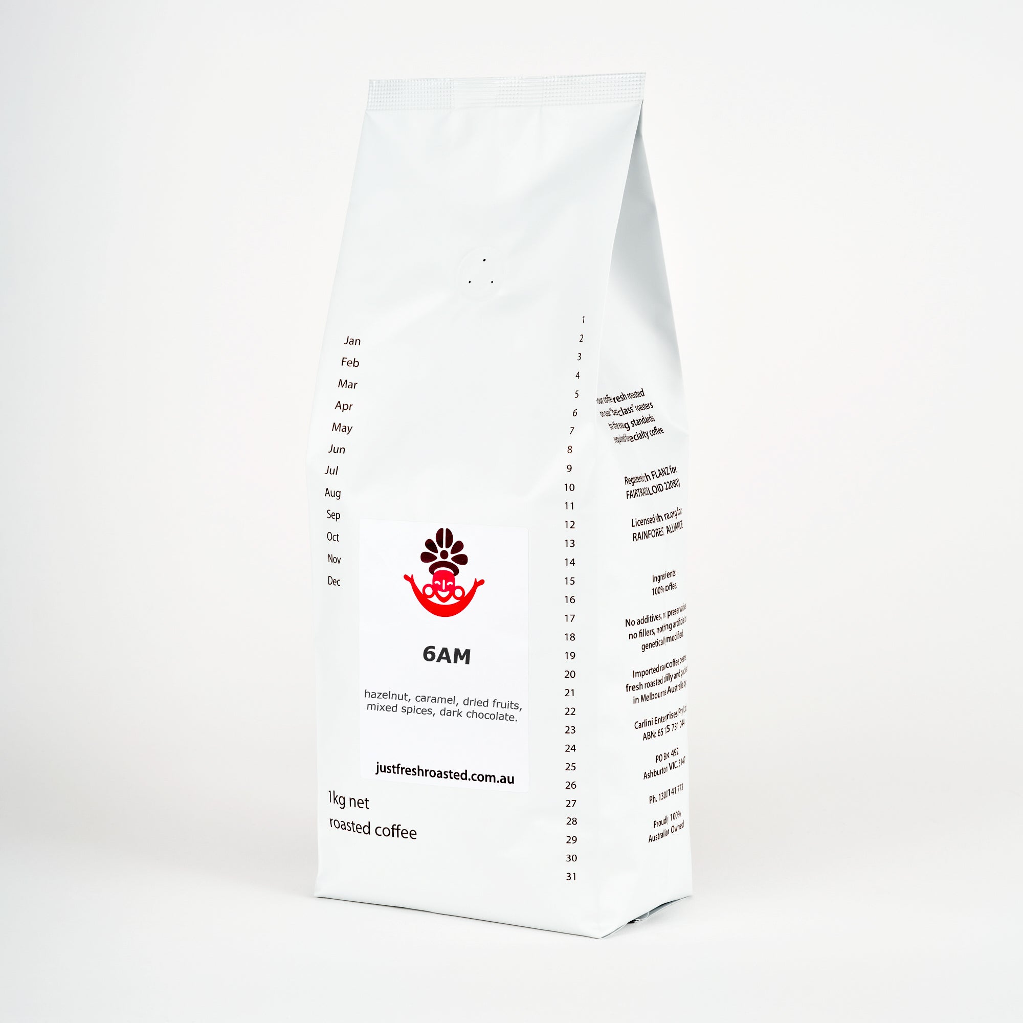 Our 6AM blend in 1kg pack size of fresh roasted coffee
